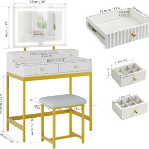 Masuta machiaj alba cu Oglinda LED si 4 Sertare pentru Cosmetice, Set Masa toaleta 80 cm, masuta cosmetica cu Riflaj, vanity - SEA826 - Img 2