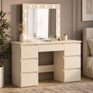 Masuta machiaj Crem cu Oglinda LED si 7 Sertare pentru Cosmetice, Set Masa toaleta 120 cm, masuta cosmetica, vanity - SEC502