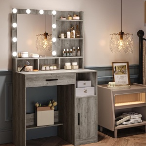 Masuta machiaj cu Oglinda LED si 1 Sertar pentru Cosmetice, Set Masa toaleta 80 cm, Alb / Negru / Gri, masuta cosmetica, vanity - SEG19 - Img 9