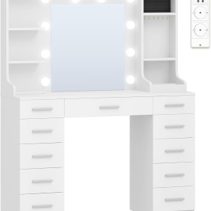 Masuta machiaj cu Oglinda LED si 11 Sertare pentru Cosmetice, Set Masa toaleta 108 cm, Alb, masuta cosmetica, vanity - SEA9 - Img 3