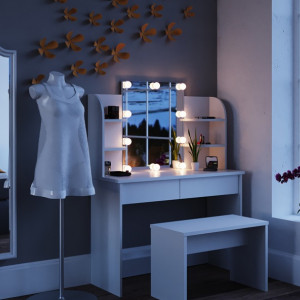 Masuta machiaj cu Oglinda LED si 2 Sertare pentru Cosmetice, Alb, masuta cosmetica, vanity - SEA251 - Img 3