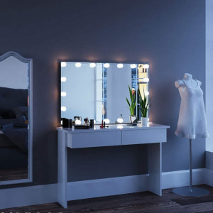 Masuta machiaj cu Oglinda LED si 2 Sertare pentru Cosmetice, Set Masa toaleta 120 cm, Alb, masuta cosmetica, vanity - SEA252 - Img 8