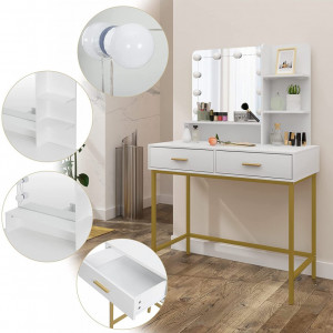 Masuta machiaj cu Oglinda LED si 2 Sertare pentru Cosmetice, Set Masa toaleta 90 cm, Alb, masuta cosmetica, vanity - SEA381 - Img 6