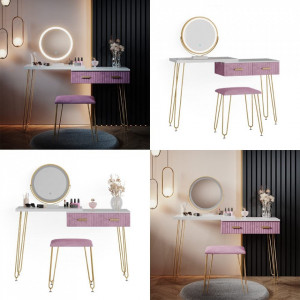 Masuta machiaj cu Oglinda LED si 2 Sertare pentru Cosmetice, Set Masa toaleta 120 cm, Alb, masuta cosmetica, vanity - SEA394 - Img 3