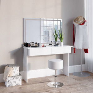 Masuta machiaj cu Oglinda LED si 2 Sertare pentru Cosmetice, Set Masa toaleta 120 cm, Alb Lucios, masuta cosmetica, vanity - SEA411