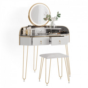 Masuta machiaj cu Oglinda LED si 2 Sertare pentru Cosmetice, Set Masa toaleta 99 cm, Alb, masuta cosmetica, vanity - SEA903 - Img 2