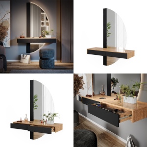 Masuta machiaj cu Oglinda LED si 2 Sertare pentru Cosmetice, Set Masa toaleta 120 cm, Negru, masuta vanity cu Riflaj, cosmetica- SEM242 - Img 2