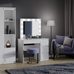 Masuta machiaj cu Oglinda LED si 2 Sertare pentru Cosmetice, Set Masa toaleta 98 cm, Alb, masuta cosmetica, vanity - SEA554 - Img 6