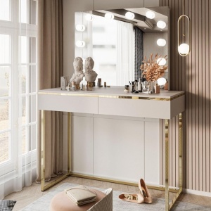 Masuta machiaj cu Oglinda LED si 2 Sertare pentru Cosmetice, Set Masa toaleta 102 cm, masuta cosmetica, vanity - SEC212