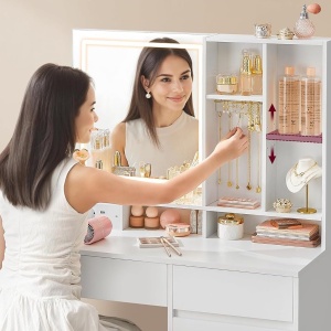 Masuta machiaj cu Oglinda LED si 2 Sertare pentru Cosmetice, Set Masa toaleta 90 cm, Alb, masuta cosmetica, vanity - SEA804 - Img 5