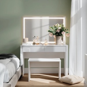 Masuta machiaj cu Oglinda LED si 2 Sertare pentru Cosmetice, Set Masa toaleta 110 cm, Alb Lucios, masuta cosmetica, vanity - SEA813