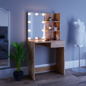 Masuta machiaj cu Oglinda LED si 2 Sertare pentru Cosmetice, Set Masa toaleta 75 cm, Maro, masuta cosmetica, vanity - SEM217 - Img 3