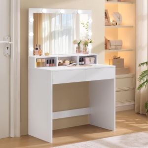 Masuta machiaj cu Oglinda LED si 2 Sertare pentru Cosmetice, Set Masa toaleta 80 cm, Alb, masuta cosmetica, vanity - SEA385