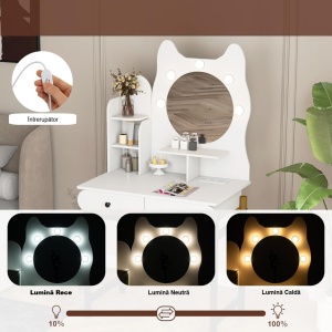 Masuta machiaj cu Oglinda LED si 2 Sertare pentru Cosmetice, Set Masa toaleta 80 cm, Alb / Maro, masuta cosmetica, vanity - SEA834 - Img 7