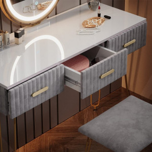 Masuta machiaj cu Oglinda LED si 3 Sertare pentru Cosmetice, Set Masa toaleta 100 cm, Alb, masuta cosmetica, vanity - SEA395 - Img 5