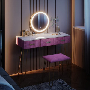 Masuta machiaj cu Oglinda LED si 3 Sertare pentru Cosmetice, Set Masa toaleta 100 cm, Alb, masuta cosmetica, vanity - SEA396 - Img 1