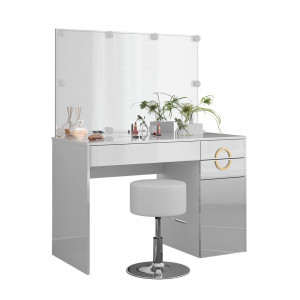 Masuta machiaj cu Oglinda LED si 3 Sertare pentru Cosmetice, Set Masa toaleta 115 cm, Alb Lucios, masuta cosmetica, vanity - SEA440 - Img 7
