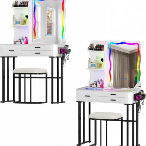 Masuta machiaj cu Oglinda LED si 3 Sertare pentru Cosmetice, Set Masa toaleta 80 cm, Alb, masuta cosmetica, vanity - SEA424 - Img 6