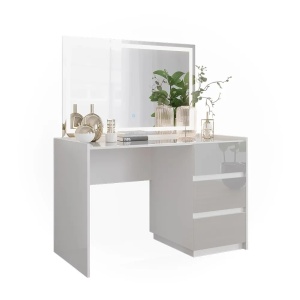 Masuta machiaj cu Oglinda LED si 3 Sertare pentru Cosmetice, Set Masa toaleta 120 cm, Alb Lucios, masuta cosmetica, vanity - SEA806 - Img 3