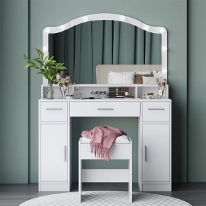 Masuta machiaj cu Oglinda LED si 3 Sertare pentru Cosmetice, Set Masa toaleta 110 cm, Alb, masuta cosmetica, vanity - SEA809