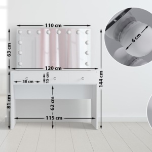 Masuta machiaj cu Oglinda LED si 3 Sertare pentru Cosmetice, Set Masa toaleta 120 cm, Alb, masuta cosmetica, vanity - SEA912 - Img 4