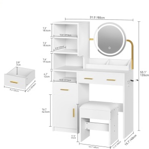 Masuta machiaj cu Oglinda LED si 3 Sertare pentru Cosmetice, Set Masa toaleta 80 cm, Alb, masuta cosmetica, vanity - SEA825 - Img 4