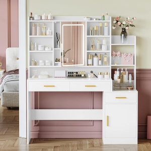 Masuta machiaj cu Oglinda LED si 3 Sertare pentru Cosmetice, Set Masa toaleta 130 cm, Alb, masuta cosmetica, vanity - SEA8