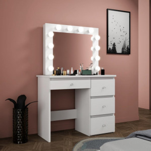 Masuta machiaj cu Oglinda LED si 4 Sertare pentru Cosmetice, Set Masa toaleta 94 cm, Alb, masuta cosmetica, vanity - SEA538