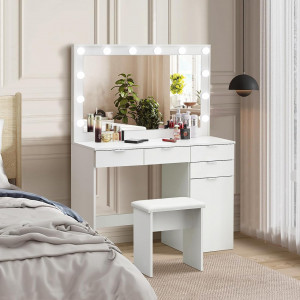 Masuta machiaj cu Oglinda LED si 4 Sertare pentru Cosmetice, Set Masa toaleta 105 cm, Alb, masuta cosmetica, vanity - SEA428