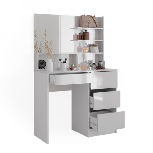 Masuta machiaj cu Oglinda LED si 4 Sertare pentru Cosmetice, Set Masa toaleta 90 cm, Alb Lucios, masuta cosmetica, vanity - SEA467 - Img 4