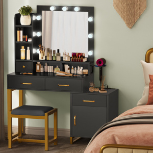 Masuta machiaj cu Oglinda LED si 4 Sertare pentru Cosmetice, Set Masa toaleta 107 cm, Negru, masuta cosmetica, vanity - SEN252 - Img 3