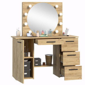 Masuta machiaj cu Oglinda LED si 4 Sertare pentru Cosmetice, Set Masa toaleta 120 cm, Stejar, masuta cosmetica, vanity - SEM514 - Img 4