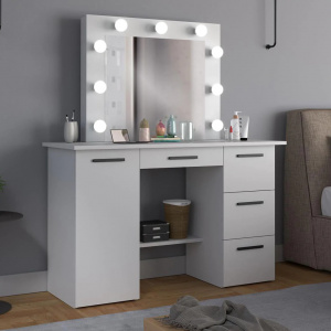 Masuta machiaj cu Oglinda LED si 4 Sertare pentru Cosmetice, Set Masa toaleta 120 cm, Alb, masuta cosmetica, vanity - SEA544