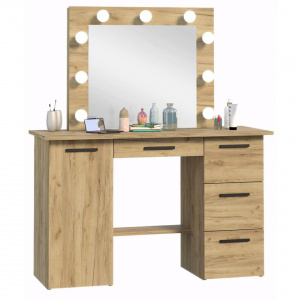 Masuta machiaj cu Oglinda LED si 4 Sertare pentru Cosmetice, Set Masa toaleta 120 cm, Stejar, masuta cosmetica, vanity - SEM516 - Img 5