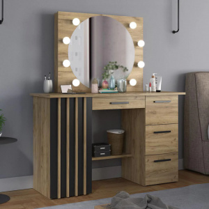 Masuta machiaj cu Oglinda LED si 4 Sertare pentru Cosmetice, Set Masa toaleta 120 cm, Stejar, masuta cosmetica, vanity - SEM518 - Img 6