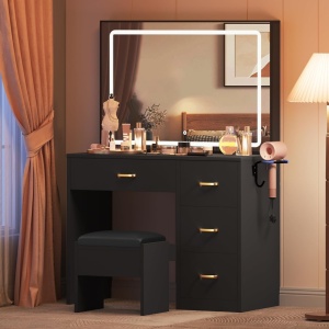 Masuta machiaj cu Oglinda LED si 4 Sertare pentru Cosmetice, Set Masa toaleta 90 cm, masuta cosmetica, vanity - SEN255 - Img 5