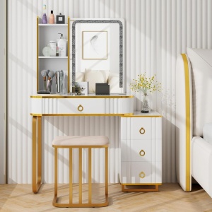 Masuta machiaj cu Oglinda LED si 4 Sertare pentru Cosmetice, Set Masa toaleta 80 cm, Alb, masuta cosmetica, vanity - SEA99