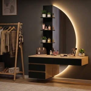 Masuta machiaj cu Oglinda LED si 4 Sertare pentru Cosmetice, Set Masa toaleta 106 cm, Alb - Maro, masuta cosmetica, vanity cu Riflaj si Rafturi - SEM247 - Img 10