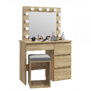 Masuta machiaj cu Oglinda LED si 4 Sertare pentru Cosmetice, Stejar, masuta cosmetica, vanity - SEM502 - Img 7