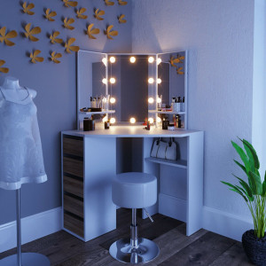 Masuta machiaj cu Oglinda LED si 5 Sertare pentru Cosmetice, Alb, masuta cosmetica, vanity - SEA274