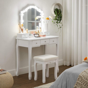 Masuta machiaj cu Oglinda LED si 5 Sertare pentru Cosmetice, Set Masa toaleta 80 cm, Alb, masuta cosmetica, vanity - SEA375
