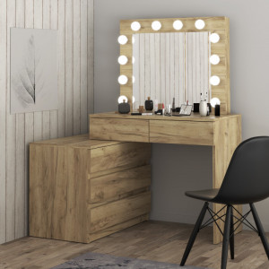 Masuta machiaj cu Oglinda LED si 5 Sertare pentru Cosmetice, Set Masa toaleta 130 cm, Stejar, masuta cosmetica, vanity - SEM512