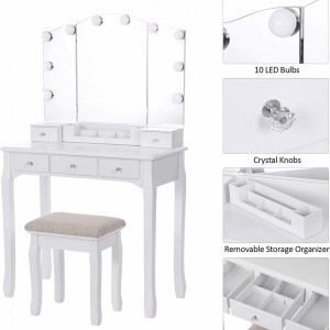 Masuta machiaj cu Oglinda LED si 5 Sertare pentru Cosmetice, Set Masa toaleta 80 cm, Alb, masuta cosmetica, vanity - SEA92 - Img 6