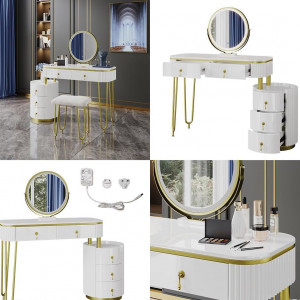 Masuta machiaj cu Oglinda LED si 5 Sertare pentru Cosmetice, Set Masa toaleta 100 cm, Alb, masuta cosmetica, vanity - SEA422 - Img 3