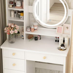 Masuta machiaj cu Oglinda LED si 5 Sertare pentru Cosmetice, Set Masa toaleta 80 cm, Alb, masuta cosmetica, vanity - SEA452 - Img 3