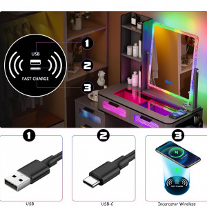 Masuta machiaj cu Oglinda LED si 5 Sertare pentru Cosmetice, Set Masa toaleta 80 cm, Negru, masuta cosmetica, vanity - SEG218 - Img 7