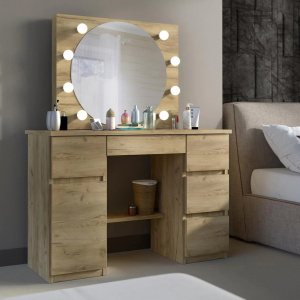 Masuta machiaj cu Oglinda LED si 5 Sertare pentru Cosmetice, Set Masa toaleta 120 cm, Stejar, masuta cosmetica, vanity - SEM520