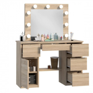 Masuta machiaj cu Oglinda LED si 5 Sertare pentru Cosmetice, Set Masa toaleta 120 cm, masuta cosmetica, vanity - SEM521 - Img 4