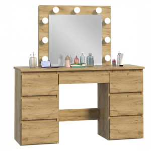 Masuta machiaj cu Oglinda LED si 5 Sertare pentru Cosmetice, Set Masa toaleta 120 cm, Stejar, masuta cosmetica, vanity - SEM534 - Img 4