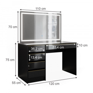 Masuta machiaj cu Oglinda LED si 5 Sertare pentru Cosmetice, Set Masa toaleta 120 cm, Negru, masuta cosmetica, vanity - SEN254 - Img 6
